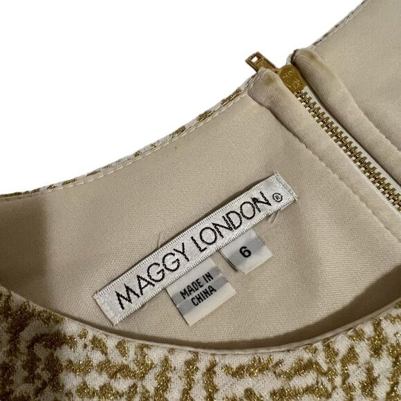 MAGGY LONDON Size 6 Metallic Gold White Sheath Dress Small - Picture 2 of 14